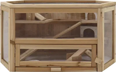 A wooden hamster cage with multiple levels and ramps.