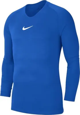 A blue Nike long-sleeved shirt is shown against a white background.