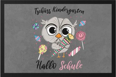 Produktbild von Tschüss Kindergarten Hallo Schule Fußmatte  Einschulung Grundschule Süßes Eulen-Motiv