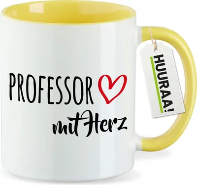 Produktbild von Huuraa Kaffeetasse Professor mit Herz 330ml Gelb Keramik Kaffeebecher Geschenkidee