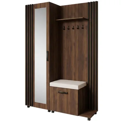 Produktbild von Garderoben-Set LIVIA Rechts Warmia Walnuss – Garderobenschrank mit Spiegel, Schuhschrank mit hellbeigem Sitzkissen, Lamellen in Schwarz, Hochschrank