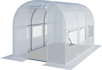 A white, transparent greenhouse with an open door and windows.