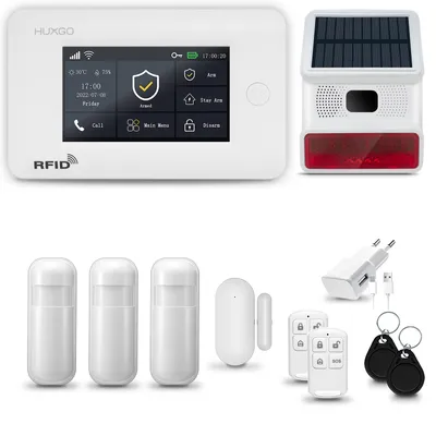 Image de Système d'alarme domestique HXA006, WiFi + GSM 4G LTE, avec sirène sans fil. Système d'alarme comprenant 3 détecteurs de mouvement et 1 détecteur de porte/fenêtre, pour appartement ou maison, compatible avec l'application Tuya