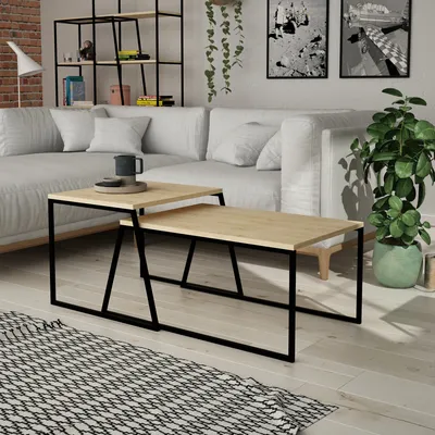 Produktbild von Skye Decor, Hochwertiges Couchtisch-Set (2 Teile), Eiche und Schwarz, 88 x 38 x 50 cm & 57 x 45 x 55 cm | 100% melaminbeschichtete Spanplatte, 100% Metallrahmen | Modernes Design für Ihr Zuhause.