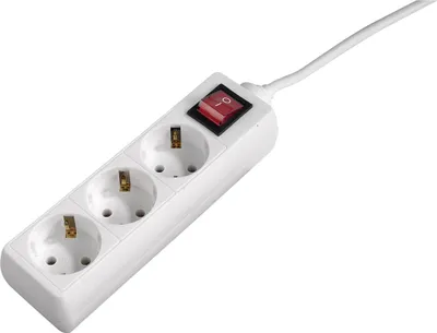 A white power strip with three sockets and a red switch, shown on a white background.