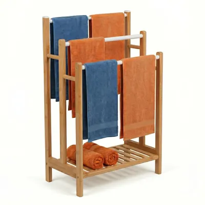 Image de Porte-serviettes Relaxdays, avec 3 barres et une tablette, dimensions : 86 x 46 x 24 cm, pour serviettes de toilette et de bain, bambou et métal, naturel/blanc