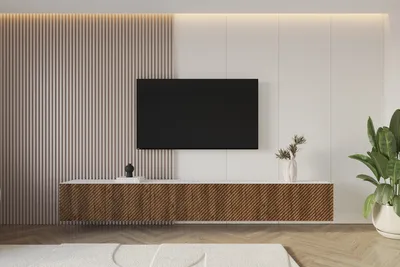 Produktbild von ALTDECOR TV-Schrank ZENO-W mit Gefrästen Fronten 3x100x40x40 Lowboard hängend, TV Möbel, TV Cabinet, Fernsehtisch, Fernsehschrank, TV Kommode, TV Tisch, TV Sideboard, TV Board - Weiß / Schwarz