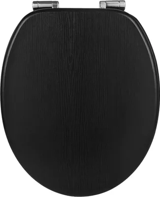 A top-down view of a black toilet seat.
