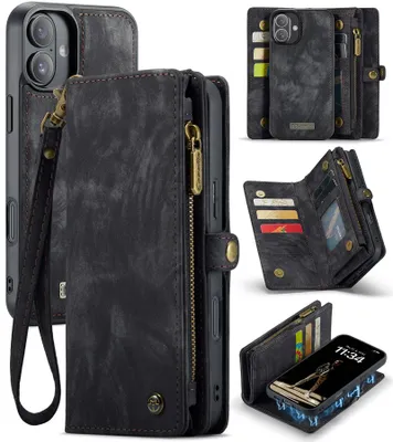 Produktbild von Schutzhülle für iPhone 16 Plus, Vintage Multifunktions Lederhülle, Kartenfächer, Reißverschluss Hülle Schwarz