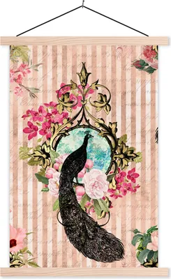 Produktbild von MuchoWow® Textilposter Pfau - Rosa - Blumen 40x60 cm mit holzfarbenen Rahmen - Poster