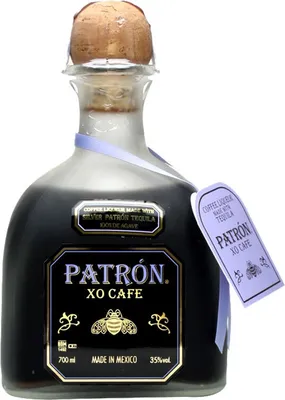 A bottle of Patron XO Cafe liqueur against a white background.