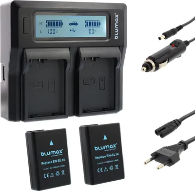 Produktbild von 2x Akku + Lader für Nikon EN-EL14 D3300  D5300 D5500 D5600  P7800 1050 mAh