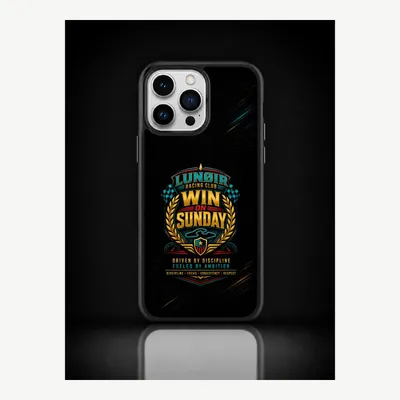 Productafbeelding van iPhone 14 Pro Max hoesje, telefoonhoesje, beschermhoesje, case met een motief van een motorsportoverwinning – LUNØIR ©