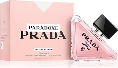 A Prada Paradoxe Virtual Flower Eau de Parfum bottle and its packaging are displayed against a white background.