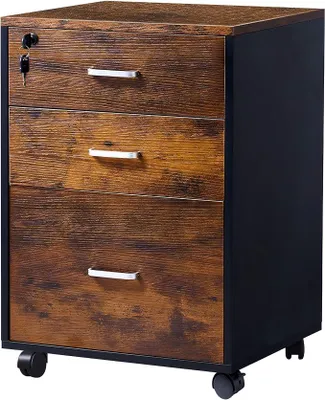 Produktbild von Rollcontainer mit 3 Schubladen, abschließbarer Aktenschrank mit Rollen, Büroschrank für A4 Hängeregister, Schubladenschrank für Büro und Home Office, Retro