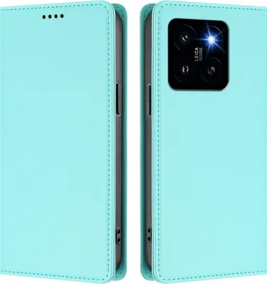 Image de Étui en cuir pour Xiaomi 14 Pro, étui à rabat magnétique en cuirPolyuréthaneavec support, vert menthe