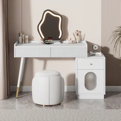 Image de Abrihome Coiffeuse avec miroir LED et armoire, coiffeuse avec 3 tiroirs (sans tabouret)