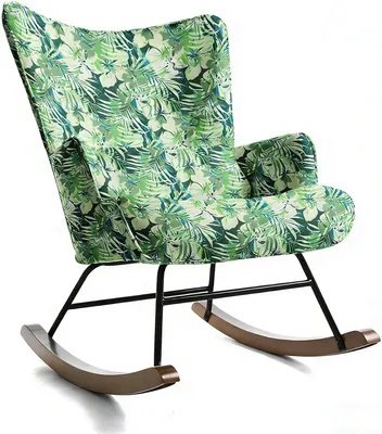 Image de Fauteuil à bascule, cadre en métal, base en bois, imprimé de plantes vertes