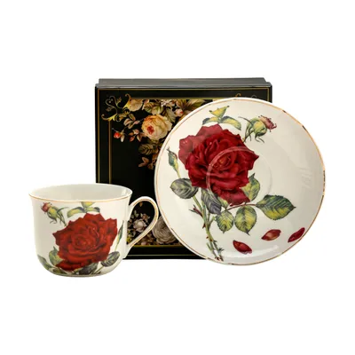 Produktbild von Porzellantasse „Blumen – Rosen“, groß, 420 ml, mit Blumenmuster und Untertasse