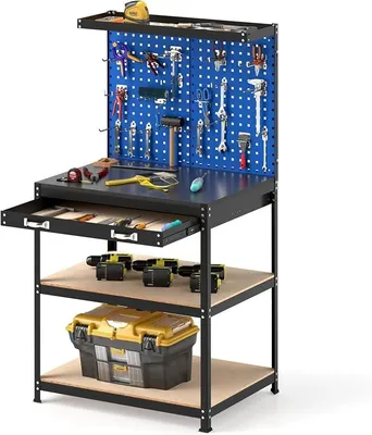 Productafbeelding van Werkbank met gatenpaneel, metalen werktafel met een draagvermogen van 225 kg / 345 kg, zware werkbank voor werkplaats, garage en magazijn (Blauw, M)