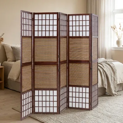 Produktbild von Homestyle4u Paravent Raumteiler 5 teilig Faltbar Blickdicht Holz Bambus Reispapier Braun Indoor