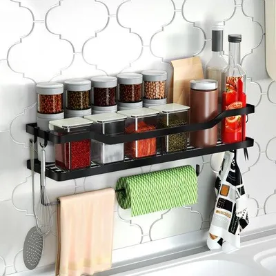 Productafbeelding van Unyqoos® kruidenrek van roestvrij staal, 40 cm – wandmontage kruidenrek zonder boren, met 4 afneembare haken, houder voor keukenrol en keukengerei, zwart