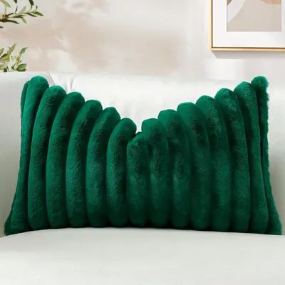 Image de Housse de coussin en peluche, velours ou Fourrure artificielle, vert foncé, 30x50 cm, 1 pièce