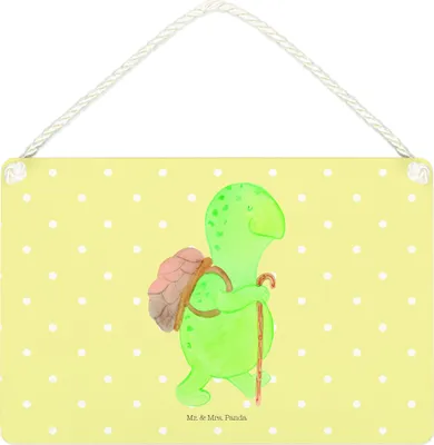 Produktbild von Mr. & Mrs. Panda Schild Schildkröte Wanderer DIN A4 - Gelb Pastell - Geschenk, Entpannt, Schildkröten, wandtafel, Motivation, Holzschild, kleine aufmerksamkeit, holzbild