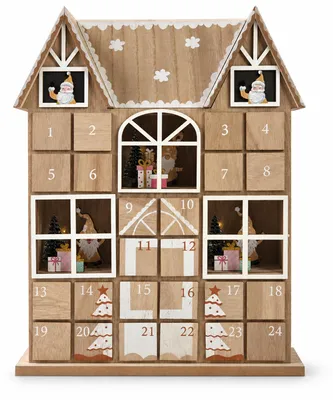 Produktbild von Adventskalender aus Holz zum Befüllen, LED-Haus mit 24 Schubladen, 37 cm