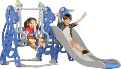 Produktbild von YUENFONG 4-in-1 Rutsche Kinderrutsche mit Basketballkorb, extra Lange Rutsche&Schaukel, Babyrutsche für drinnen und draußen, Hinterhof, 175x40x105cm