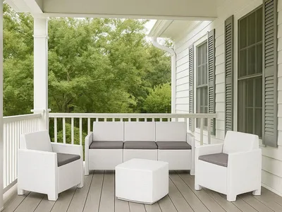 Produktbild von Outdoor-Lounge-Set Dbellucc, Gartenkomposition mit 2 Sesseln, 1 Sofa und 1 Aufbewahrungstisch, Rattan-Effekt mit Kissen, 100 % Italy, Weiß