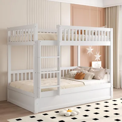Immagine prodotto di Letto a castello per bambini 90 x 200 cm in legno massiccio con sistema di contenimento idraulico, scala e spondina di protezione, bianco