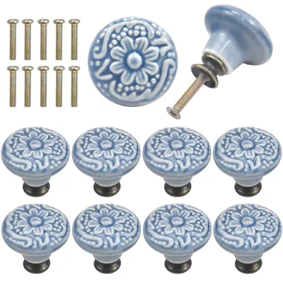 Obrázok produktu pre 10 kusov – Vintage kľučky na skrinku – Keramika – Okrúhle úchytky – Priemer 34 mm – Súčasťou sú skrutky