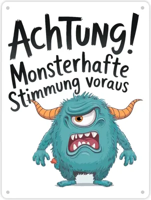 Produktbild von Blaues Cartoon Monster Achtung Monsterstimmung Metallschild XL in 21x28 cm