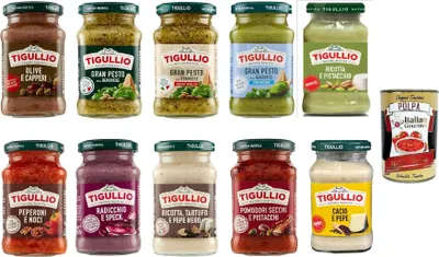 Produktbild von Tigullio Pasta Sauces 10-Pack x 190 g – Olive & Capers, Gran Pesto, Ricotta Pistachio, Cacio & Pepe, Radicchio & Speck, Tomato Pistachio + Italian Gourmet Polpa