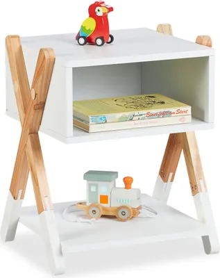 Produktbild von Relaxdays Nachttisch Kinder, offenes Fach, HBT 42x34x30 cm, Kinderzimmer, Kinderkommode X-Design, Holz & MDF, weiß/natur