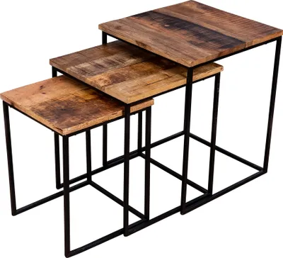 Produktbild von 3er Set Beistelltisch Mango Natur Eisen Schwarz Design Holz Couchtisch Deko
