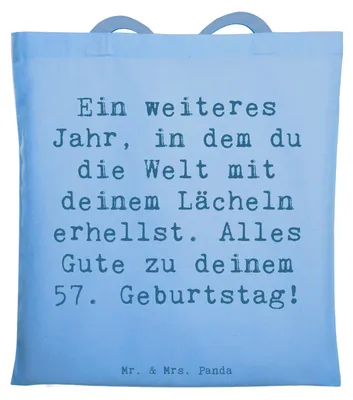 Produktbild von Mr. & Mrs. Panda Jutebeutel Spruch 57. Geburtstag Lächeln - Sky Blue - Geschenk, Feierlichkeiten, Lebensgeschichte, Baumwolltasche, Geburtstagsgeschenk, Erfahrungen