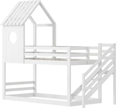 Produktbild von CDGlobal Etagenbett 90x200cm, Kinderbett, Hochbett mit Rausfallschutz und Leiter, Hausbett mit Dach und Fenster, Kinder Einzelbett mit Lattenrost, Holz Baumhausbett für Mädchen & Jungen, Weiß