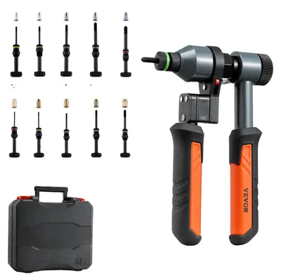 Productafbeelding van VEVOR Set tangen voor klinkmoeren, 21 cm, rateltang met 10 stempels en 100 moeren in metrische en SAE-maten: M5, M6, M8, M10, M12, 8-32, 10-24, 1/4-20, 5/16-18, 3/8-16 UNC, inclusief transportkoffer