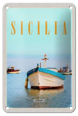 Produktbild von Blechschild Reise 12x18cm Sizilien Italien Boot Ufer Strand Meer Schild