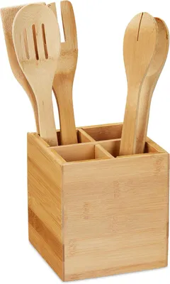 Image de Support à couverts - 4 compartiments - Rangement en bambou pour ustensiles de cuisine et couverts - Stylo - 14,5 x 13,5 x 13,5 cm - Naturel