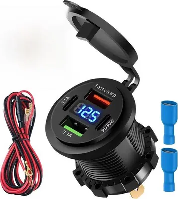 Produktbild von Autoladegerät, 66 Watt, 12 V, 4 Anschlüsse – Duale PD 3,1 A – Schnellladung für das Auto – mit LED-Voltmeter