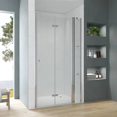 Produktbild von Duschtür Glas Falttür Chromoptik,Nischentür Duschabtrennung 145 cm,faltbare drehbare Duschwand 5mm Nano-ESG Duschkabine, Höhe 187 cm