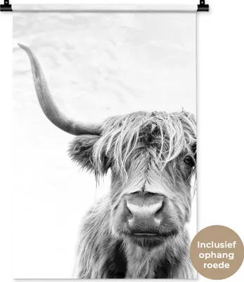 Produktbild von MuchoWow® Wandteppich Wandbehang Schottisches Hochlandrind - Tiere - Schwarz - Weiß 60x90 cm Tapisserie Dekoration Wandtuch - Foto-Teppich - Abwaschbar