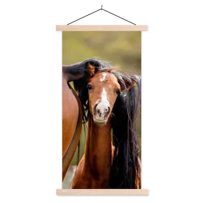 Produktbild von MuchoWow® Textilposter Pferde - Natur - Braun 60x120 cm mit holzfarbenen Rahmen - Holz