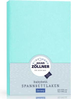 A product shot of a folded baby crib sheet in a light turquoise color, presented in its packaging.