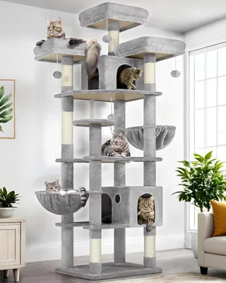 Immagine prodotto di Albero per gatti XXL, altezza 209 cm, colore grigio chiaro, con 3 aree relax e due casette