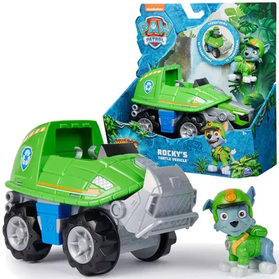 A Paw Patrol Rocky's Turtle Vehicle toy set with packaging and figures.