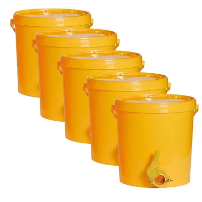 Obrázok produktu pre 5 kusov 25 kg plastových nádob na med s výlevkou, žlté, vhodné na plnenie medu, určené na styk s potravinami